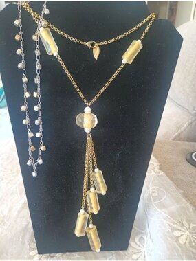 2 Coldwater Creek Silver & Goldtone Necklaces With Gold Colored Beads & Tassle